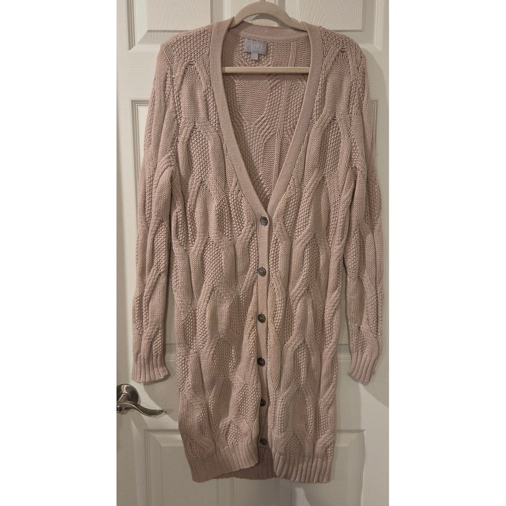 Pure Collection Cashmere Wool Mohair Cable Knit Long Cardigan Sweater 12 Taupe